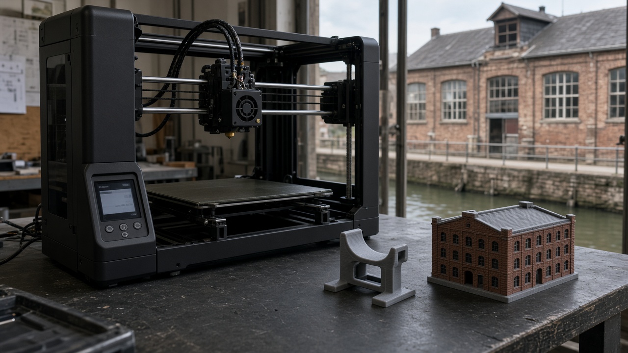 Desktop 3D printer in an Anderlecht workshop beside a stadium-seat clip and a brick warehouse model
