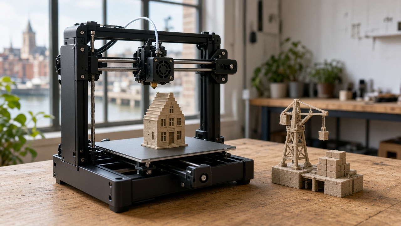 Imprimante 3D de bureau dans un atelier anversois, à côté d'une maquette de maison à pignon et d'une grue de port
