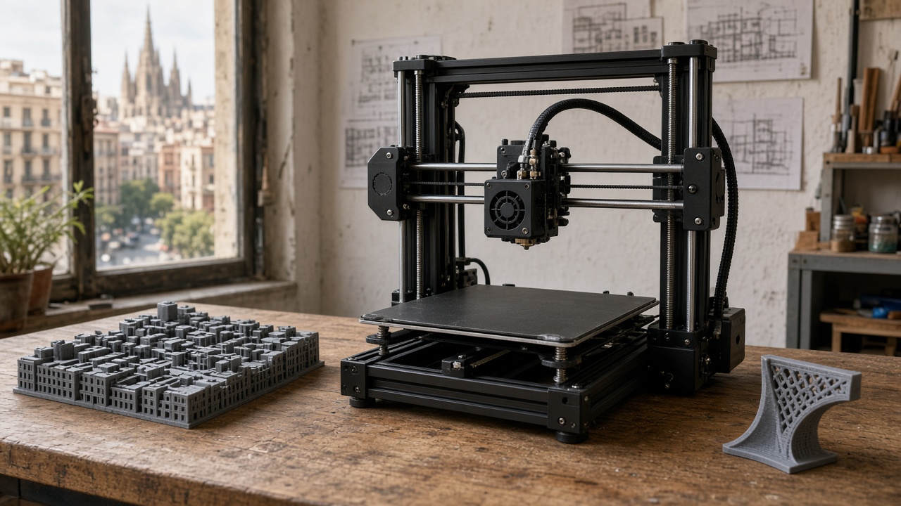 Desktop 3D printer in a Barcelona workshop beside a grid-street model and a balcony bracket