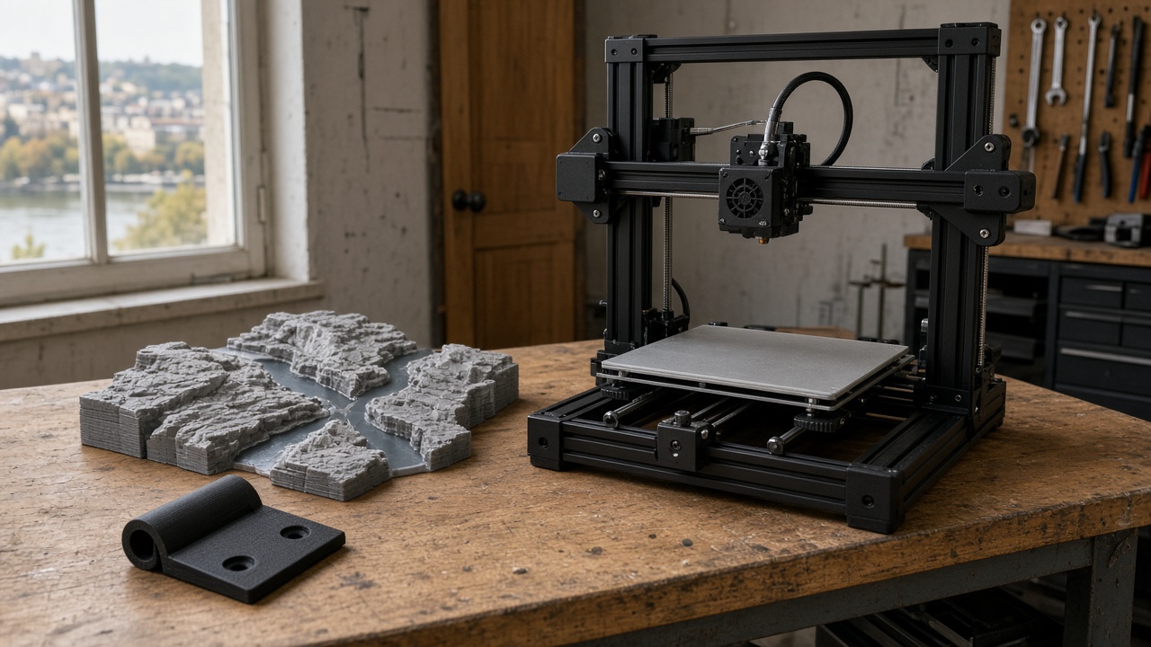 Desktop 3D printer in a Belgrade workshop beside a river-confluence model and a hinge cover