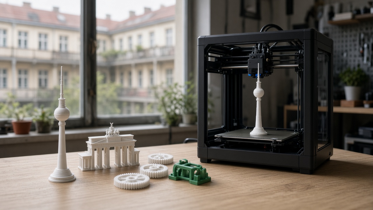 Imprimante 3D de bureau dans un studio berlinois, à côté de maquettes de la tour de télévision et de la porte de Brandebourg