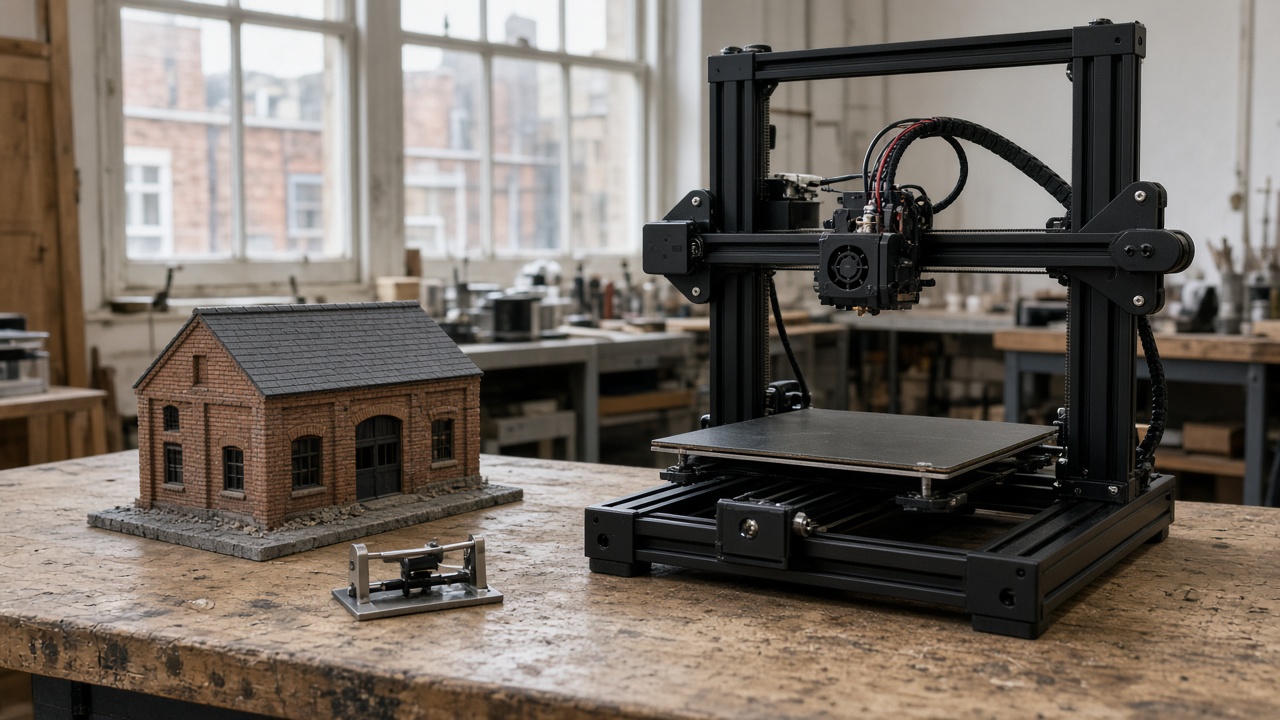 Desktop 3D printer in a Birmingham workshop beside a brick-workshop model and a small stand clip