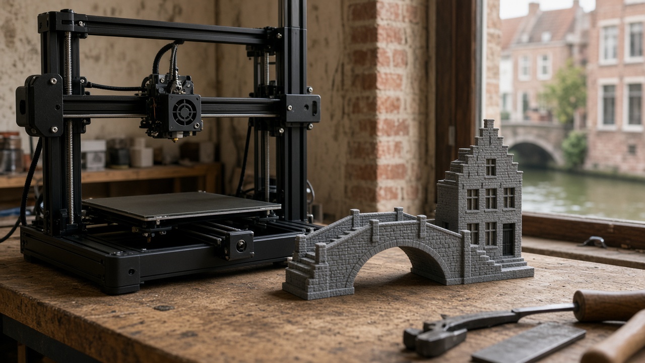 Imprimante 3D de bureau dans un atelier brugeois, à côté d'une maquette de pont de canal et d'une façade de brique