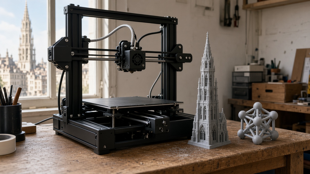 Imprimante 3D de bureau dans un atelier bruxellois, à côté d'une maquette de flèche d'hôtel de ville et d'une petite sphère en treillis