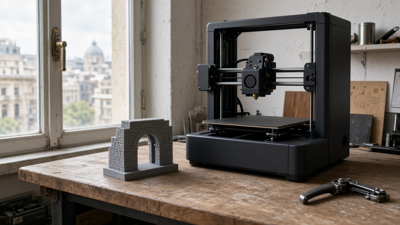Desktop 3D printer in a Bucharest workshop beside an arched-passage model and a window latch