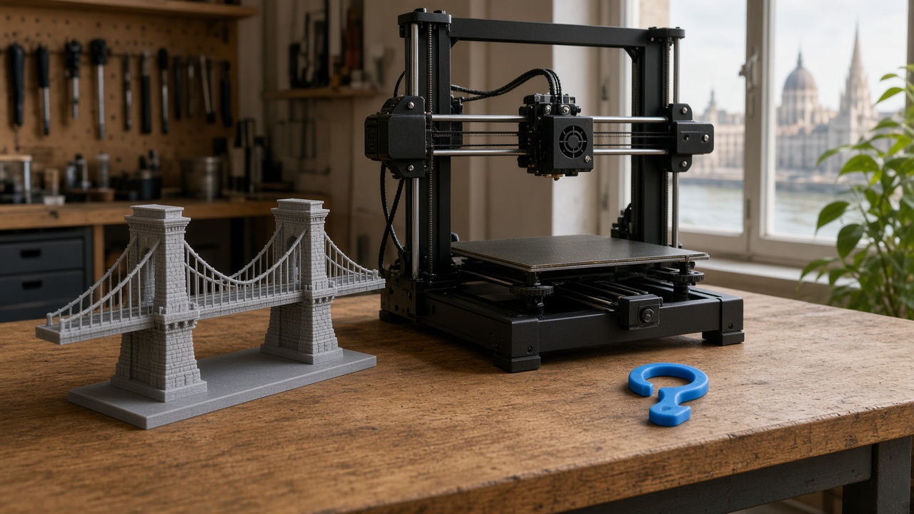 Desktop 3D printer in a Budapest workshop beside a bridge-tower model and a handhold clip