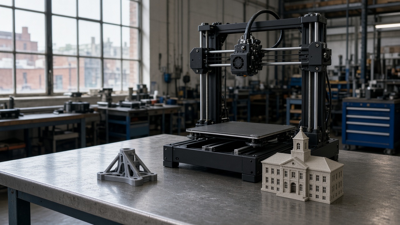 Desktop 3D printer in a Charleroi workshop beside an industrial bracket and a town-hall model