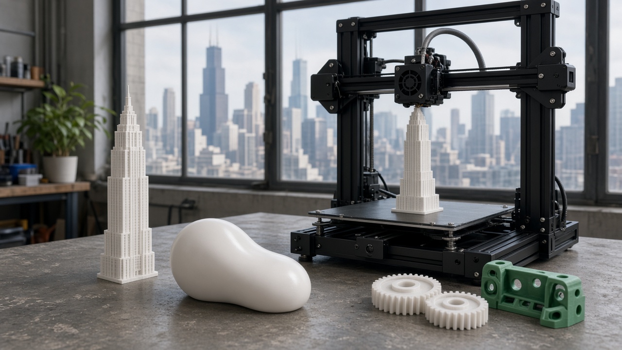 Desktop 3D printer in a Chicago workshop beside a tower model and a bean-shaped sculpture model