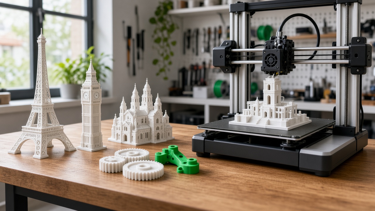 A desktop 3D printer in a European workshop beside printed models of the Eiffel Tower, Big Ben and a cathedral