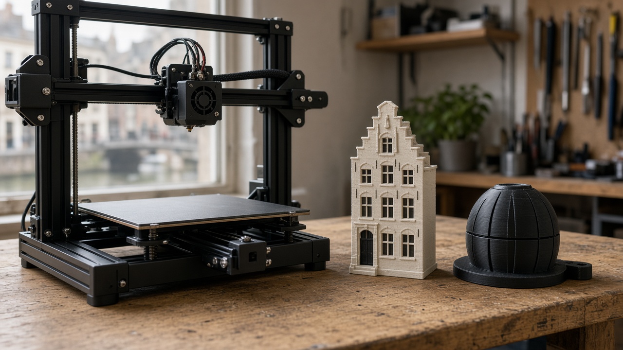 Imprimante 3D de bureau dans un atelier gantois, à côté d'une maquette de maison de canal et d'un boîtier de sonnette de vélo