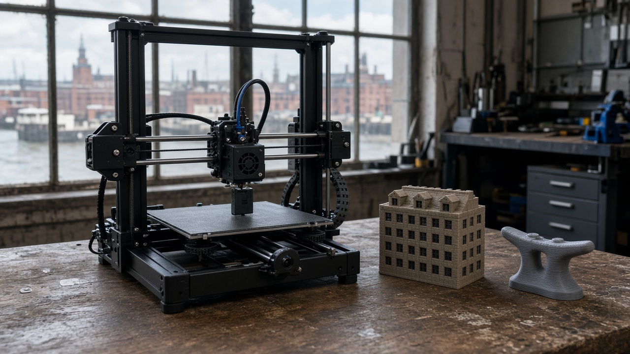 Desktop 3D printer in a Hamburg workshop beside a brick-warehouse model and a harbor cleat