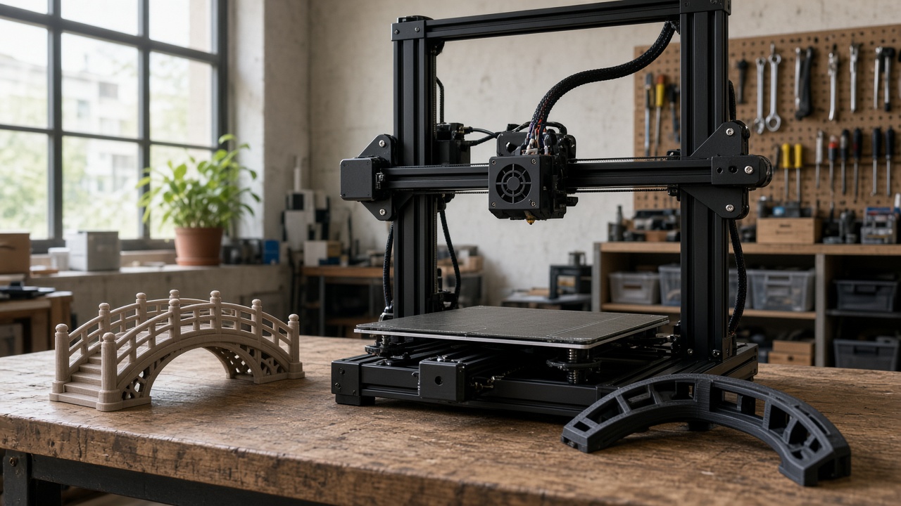 Imprimante 3D de bureau dans un atelier de Hasselt, à côté d'une maquette de pont de jardin et d'un clip de tableau de bord