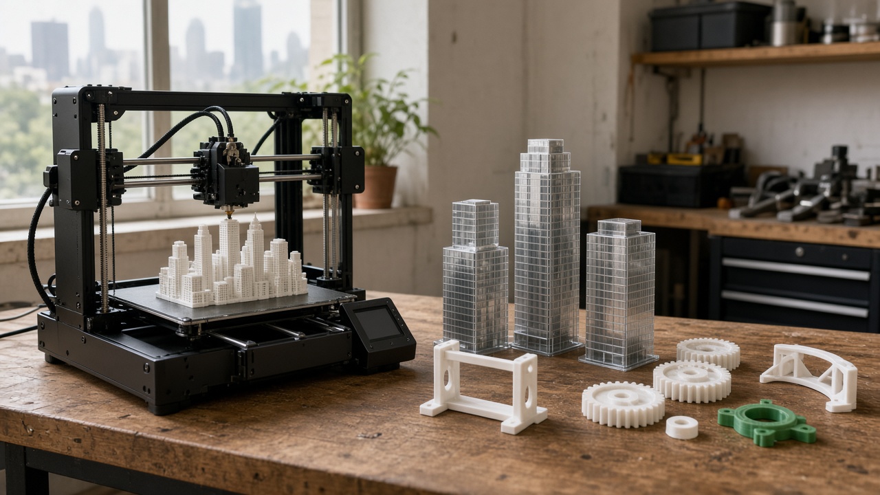 Imprimante 3D de bureau dans un atelier de Houston, à côté de maquettes de tours et d'un support imprimé