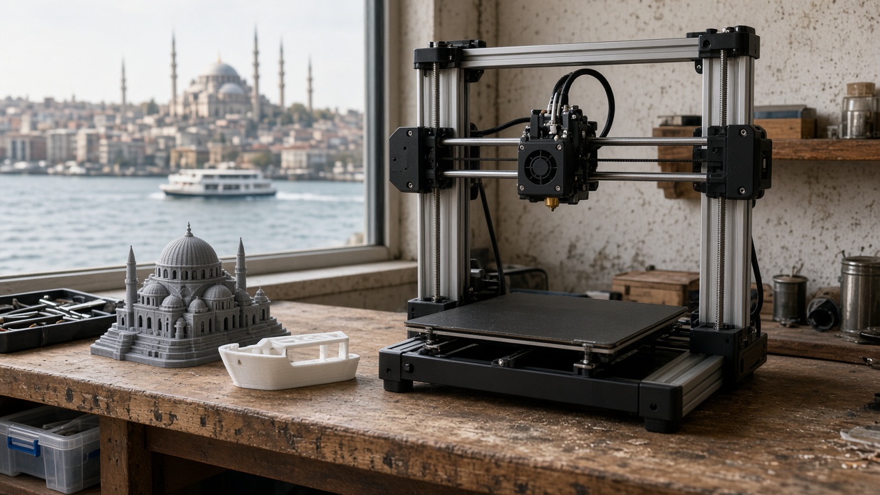 Desktop 3D printer in an Istanbul workshop beside a domed skyline model and a ferry clip