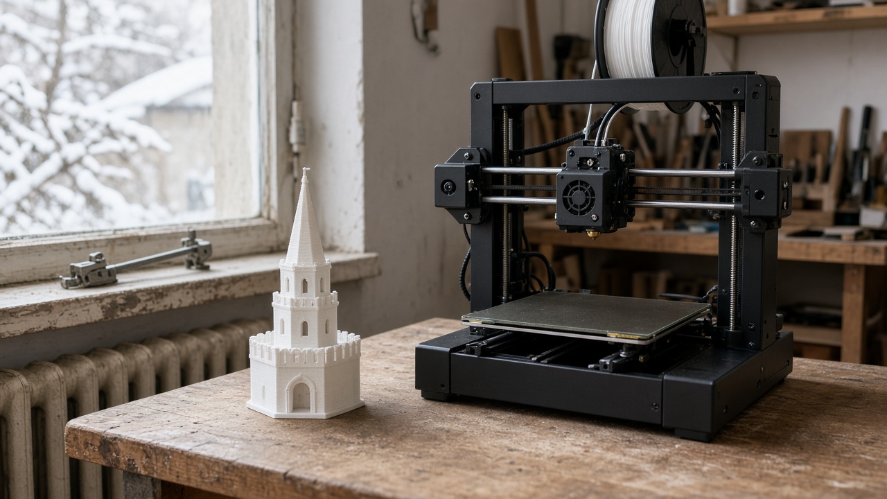 Desktop 3D printer in a Kazan workshop beside a tower model and a window latch