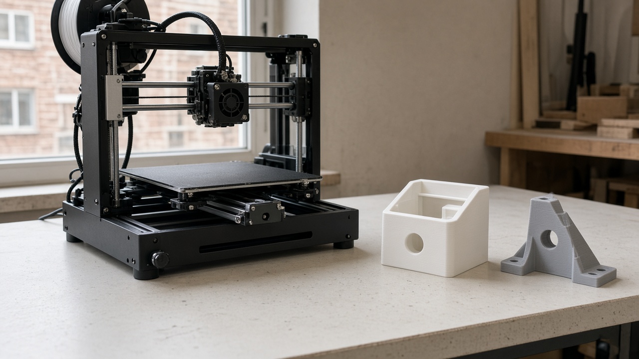 Desktop 3D printer on a plain workbench beside a simple housing and a bracket