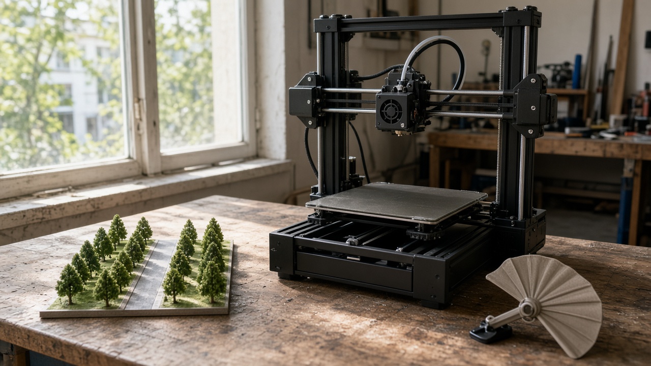 Desktop 3D printer in a Krasnodar workshop beside an avenue model and a sunshade clip