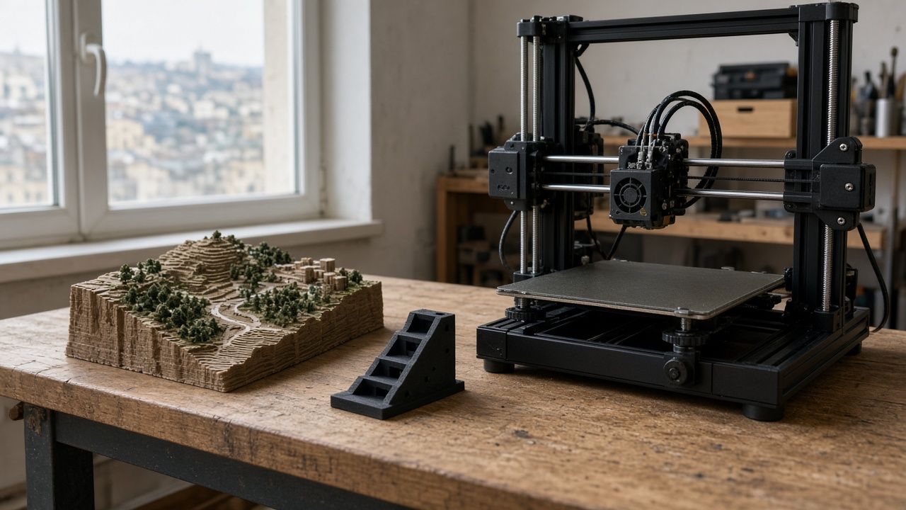 Desktop 3D printer in a Kyiv workshop beside a hillside city model and a stair bracket
