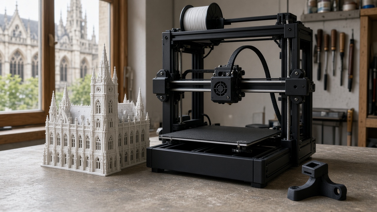 Imprimante 3D de bureau dans un atelier louvaniste, à côté d'une maquette d'hôtel de ville et d'un support de feu de vélo