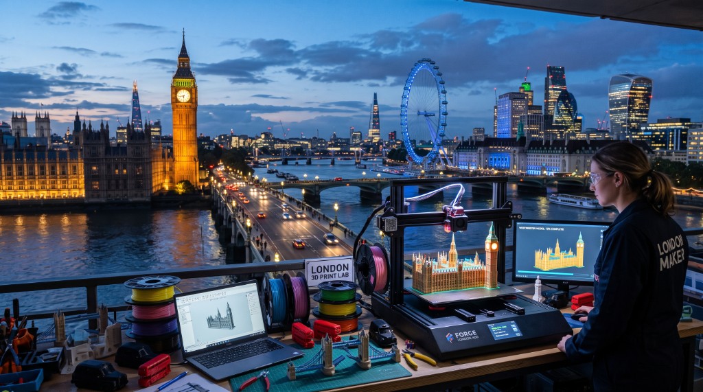 London maker at a 3D print lab overlooking Big Ben and the London skyline, printing a detailed Westminster architectural model