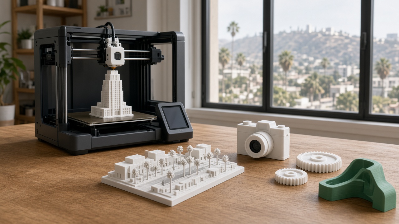 Imprimante 3D de bureau dans un atelier de Los Angeles, à côté d'une maquette de skyline et d'une caméra