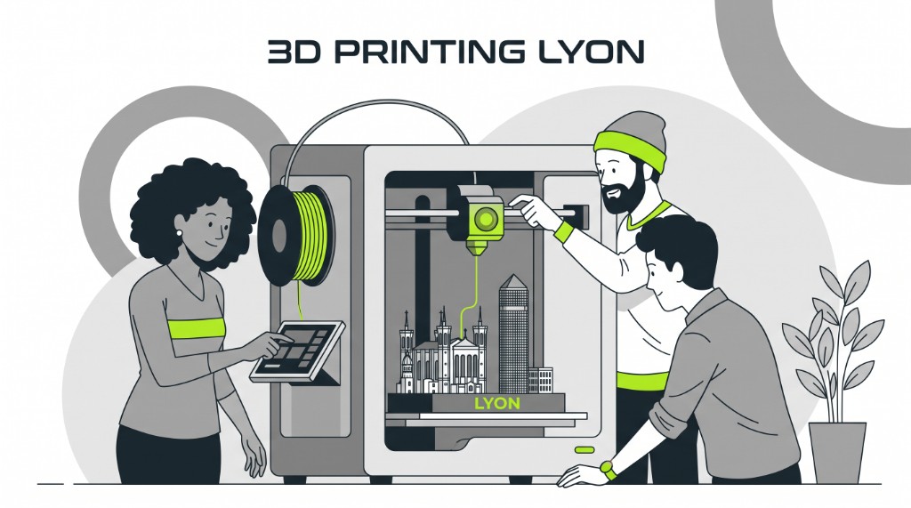 Lyon makers around a 3D printer building a Fourvière basilica and Part-Dieu tower model labelled Lyon