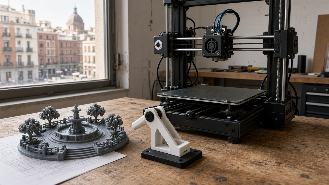 Desktop 3D printer in a Madrid workshop beside a plaza model and a sun-shade bracket