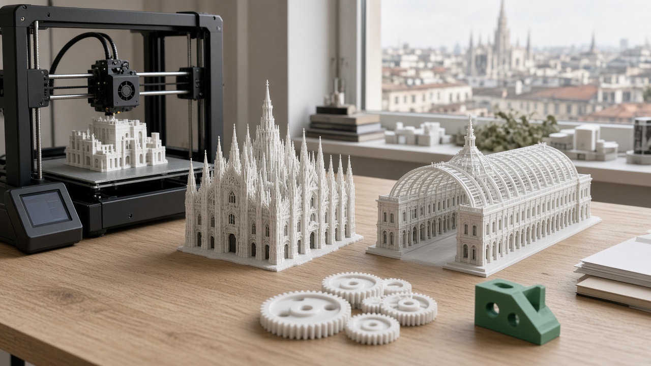 Imprimante 3D de bureau dans un studio milanais, à côté de maquettes du Dôme et de la Galerie