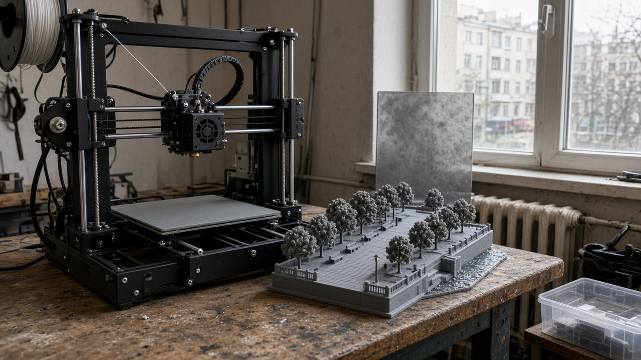Desktop 3D printer in a Minsk workshop beside a riverside avenue model and a window cover