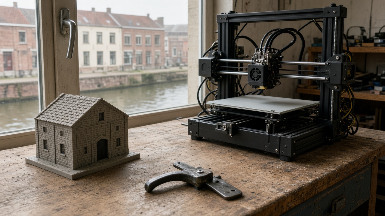 Desktop 3D printer in a Molenbeek workshop beside a brick warehouse model and a window latch