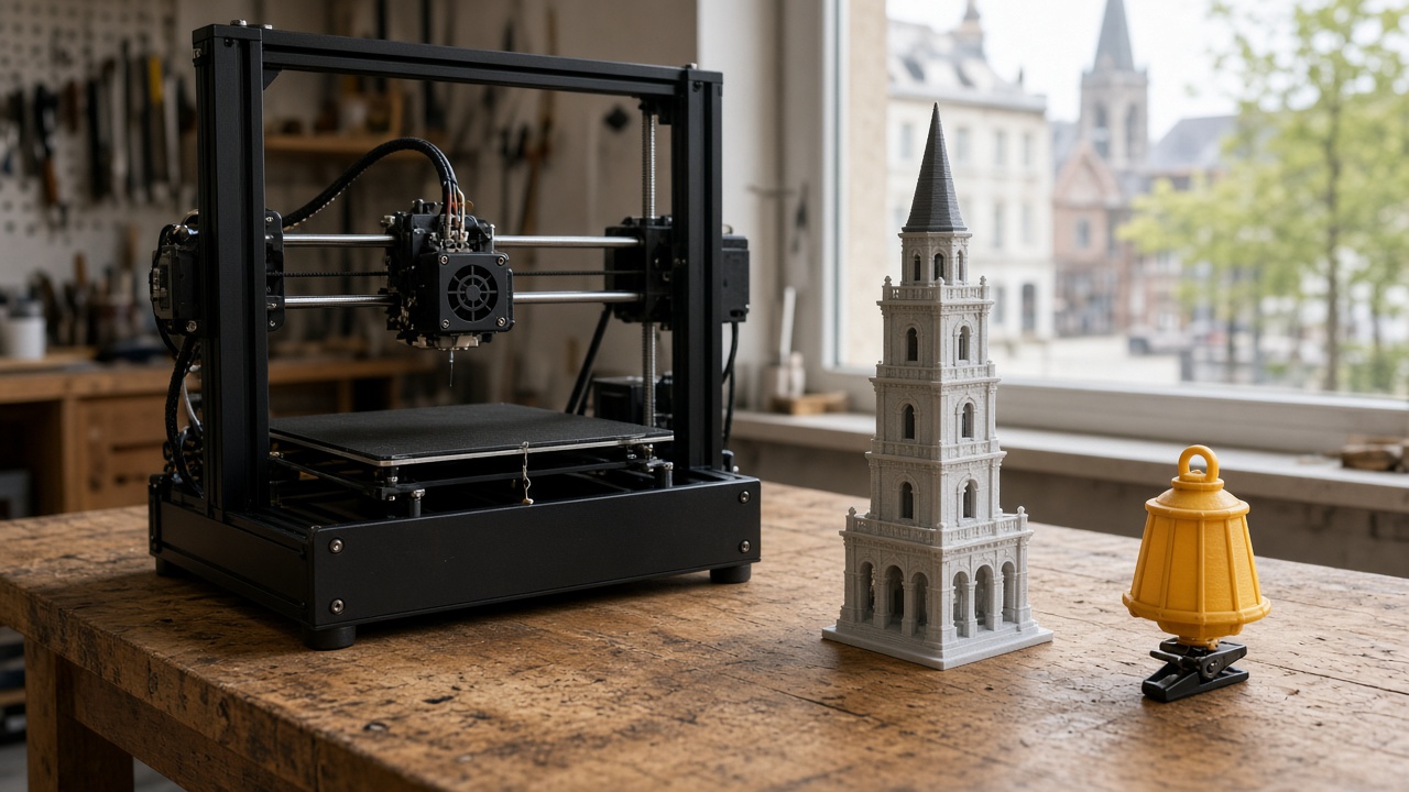 Imprimante 3D de bureau dans un atelier montois, à côté d'une maquette de beffroi et d'un clip de lanterne