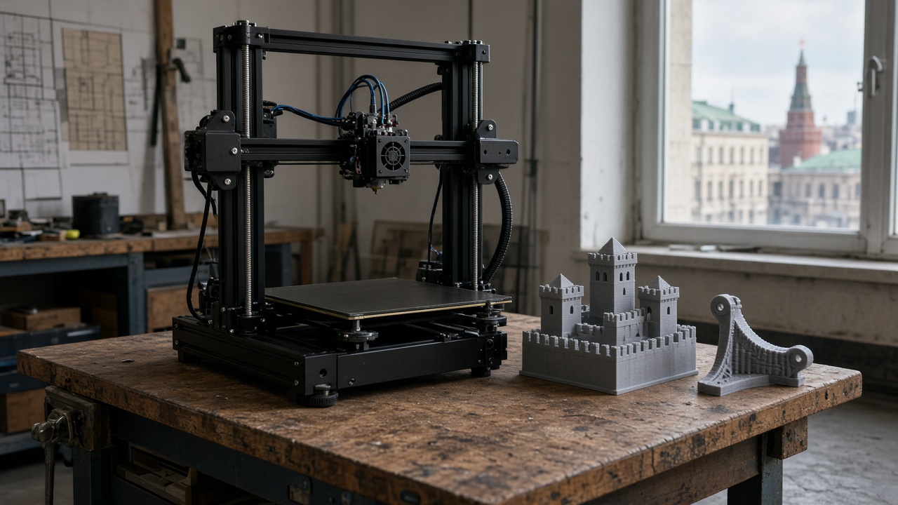 Desktop 3D printer in a Moscow workshop beside a fortress-wall model and a handrail bracket