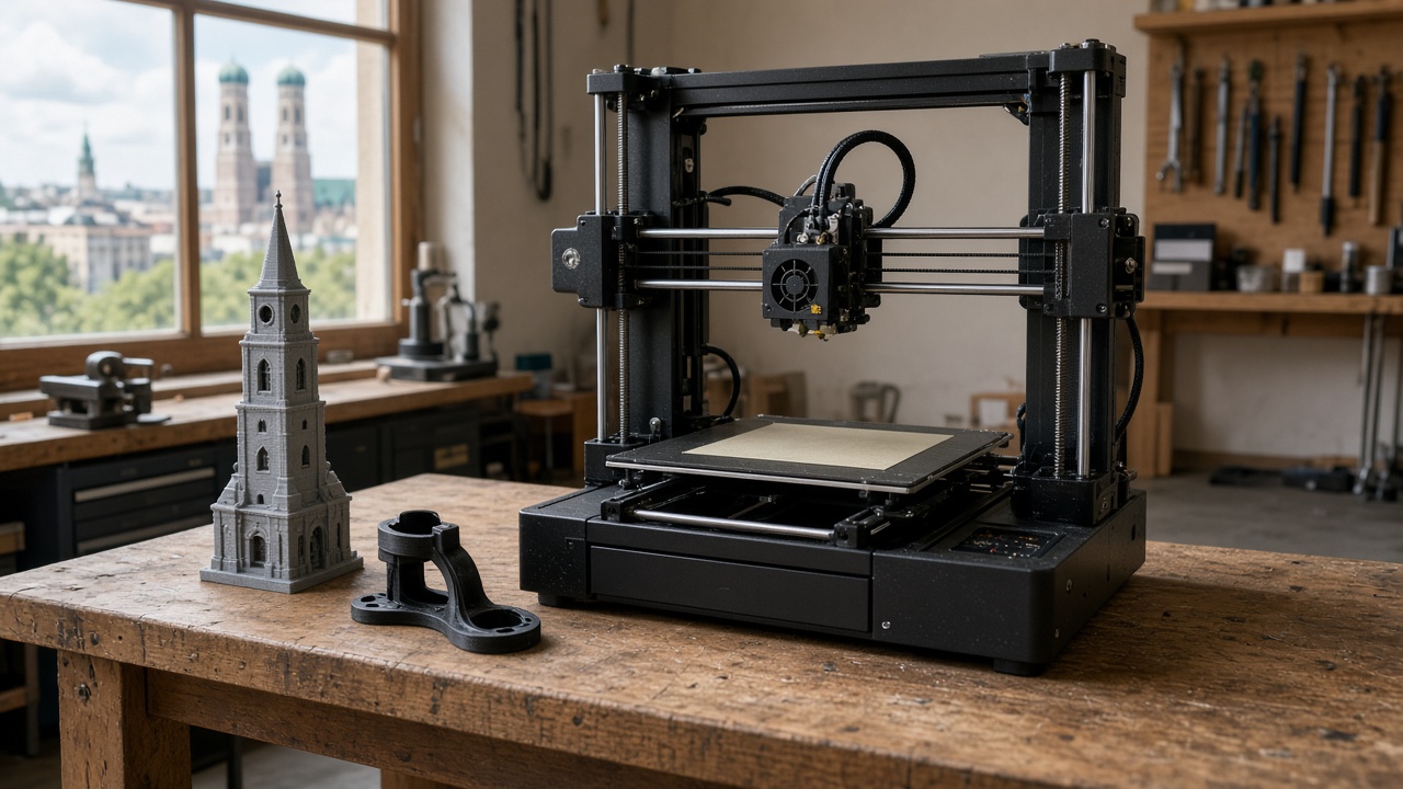 Desktop 3D printer in a Munich workshop beside a tower model and a bicycle light mount