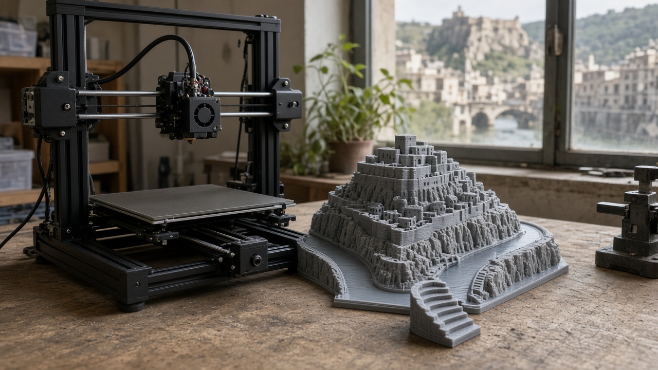 Desktop 3D printer in a Namur workshop beside a citadel model and a stone stair clip