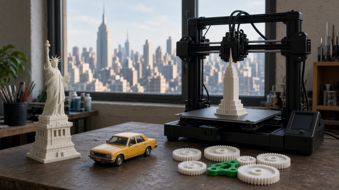 Desktop 3D printer in a New York workshop beside a Statue of Liberty model and a yellow taxi model