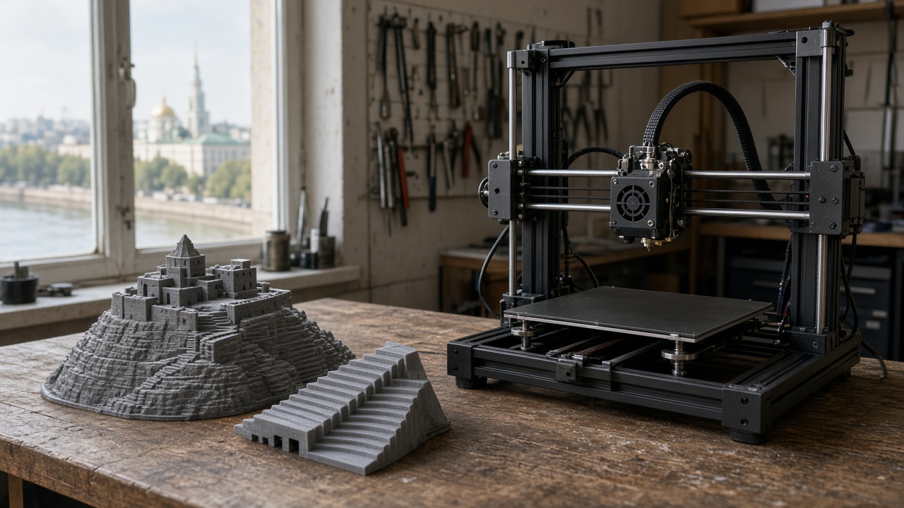 Desktop 3D printer in a Nizhny Novgorod workshop beside a hilltop fortress model and a stair clip