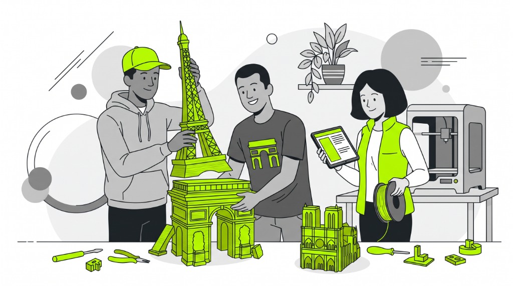 Three colleagues in a Paris workshop assembling 3D-printed landmarks, with a tablet, filament spool and a desktop 3D printer