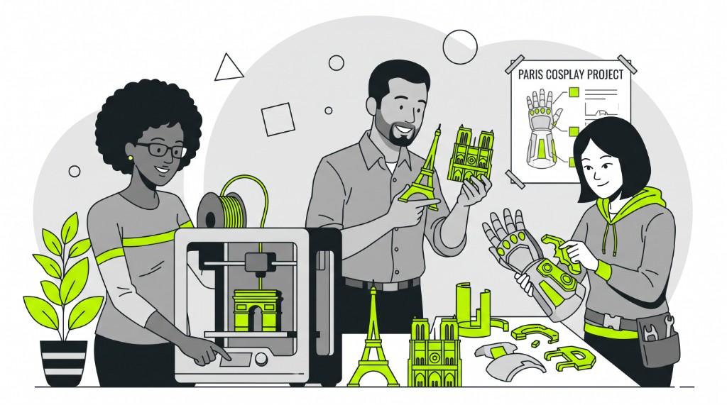 Three people in Paris around a 3D printer: Arc de Triomphe printing on the bed, landmarks in hand, and a maker assembling a cosplay gauntlet under a Paris Cosplay Project board