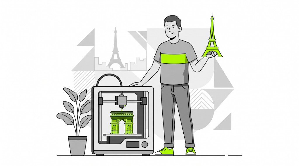 Person next to a desktop 3D printer printing the Arc de Triomphe, holding a green 3D-printed Eiffel Tower