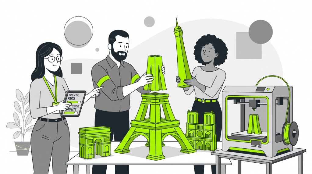Trois makers assemblant un prototype Tour Eiffel vert imprimé en 3D à Paris, avec Arc de Triomphe, Notre-Dame, une tablette projet Paris terminé et une imprimante de bureau