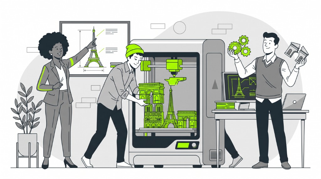 Trois personnes à Paris autour d'une imprimante 3D : plan de la Tour Eiffel, monuments en cours d'impression, un maker tenant des engrenages de rechange et un Arc de Triomphe cassé