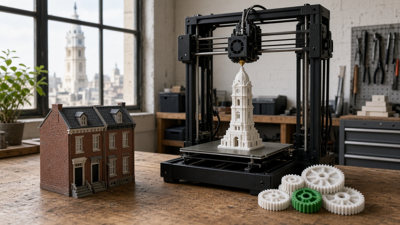 Desktop 3D printer in a Philadelphia workshop beside a city-hall tower model and a row house model