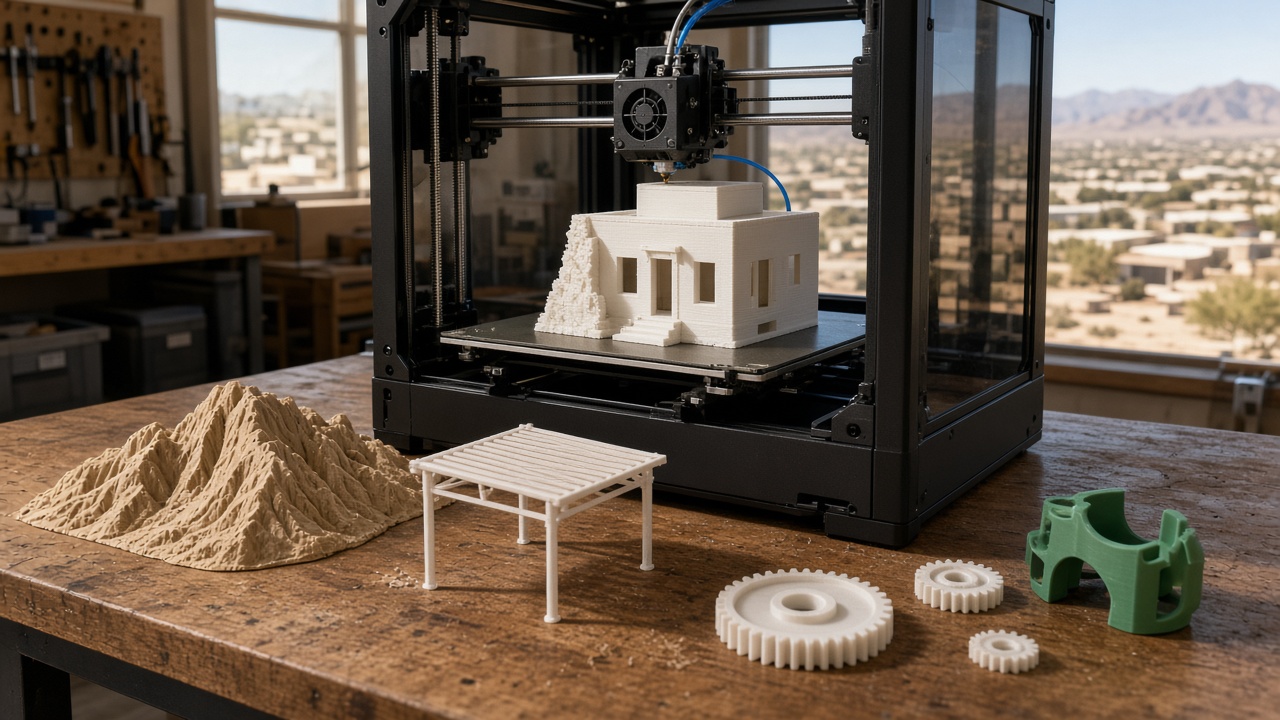 Imprimante 3D de bureau dans un atelier de Phoenix, à côté d'une maquette de montagne et d'un auvent