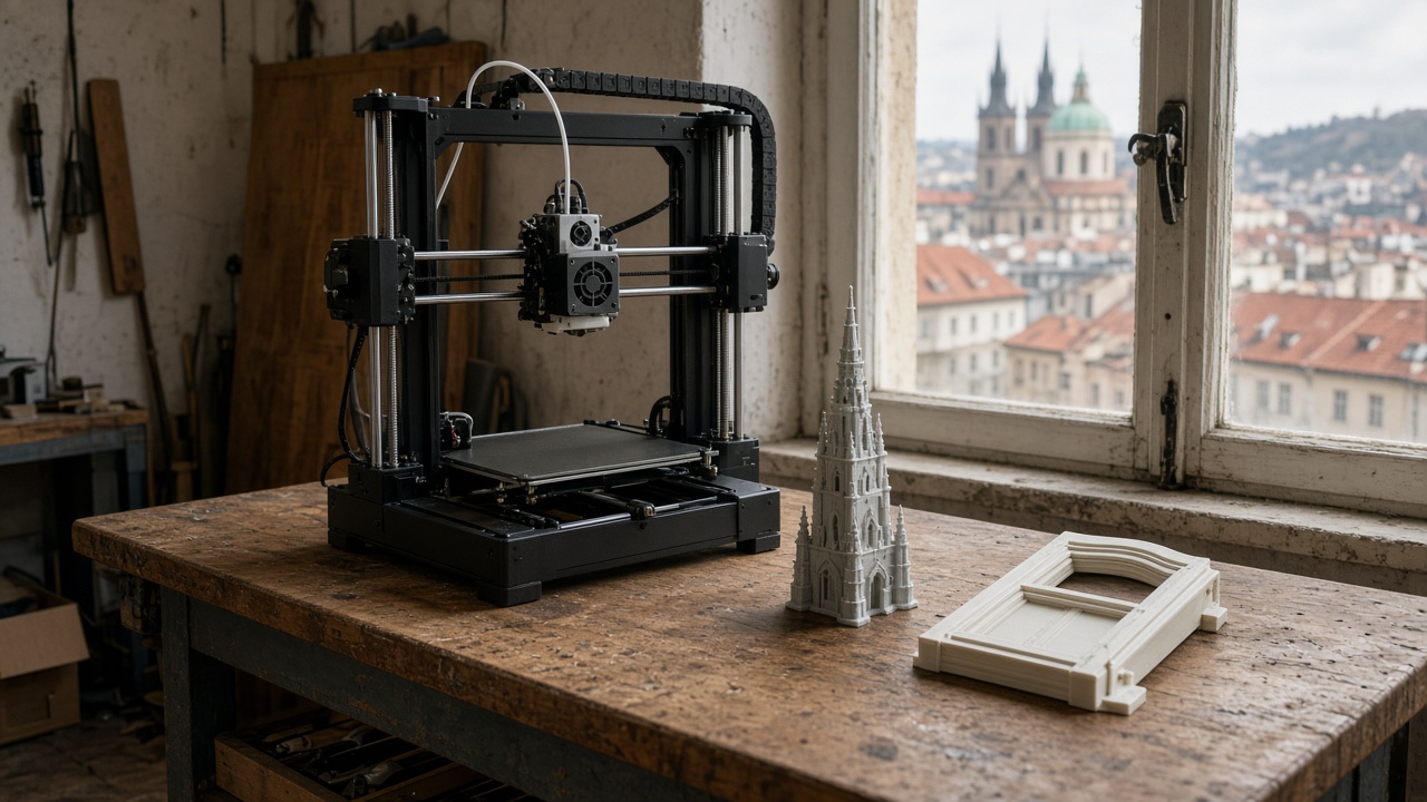 Desktop 3D printer in a Prague workshop beside a spire model and a window clip