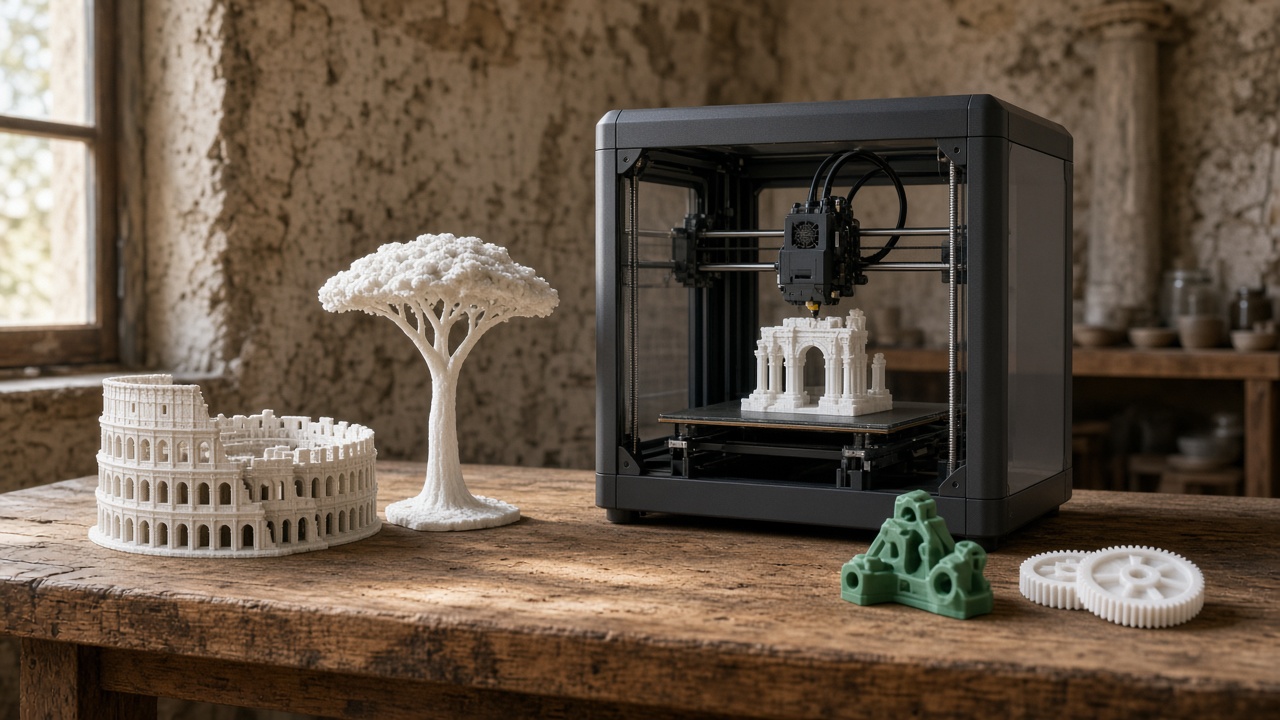 Desktop 3D printer in a Rome workshop beside a Colosseum model