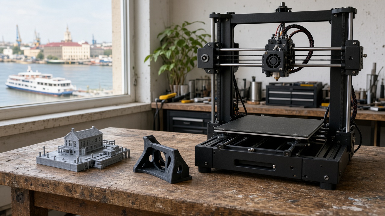 Desktop 3D printer in a Rostov-on-Don workshop beside a river-port model and a bracket