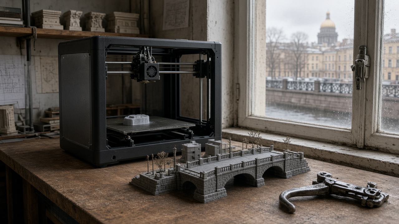 Desktop 3D printer in a Saint Petersburg workshop beside a canal-bridge model and a window latch