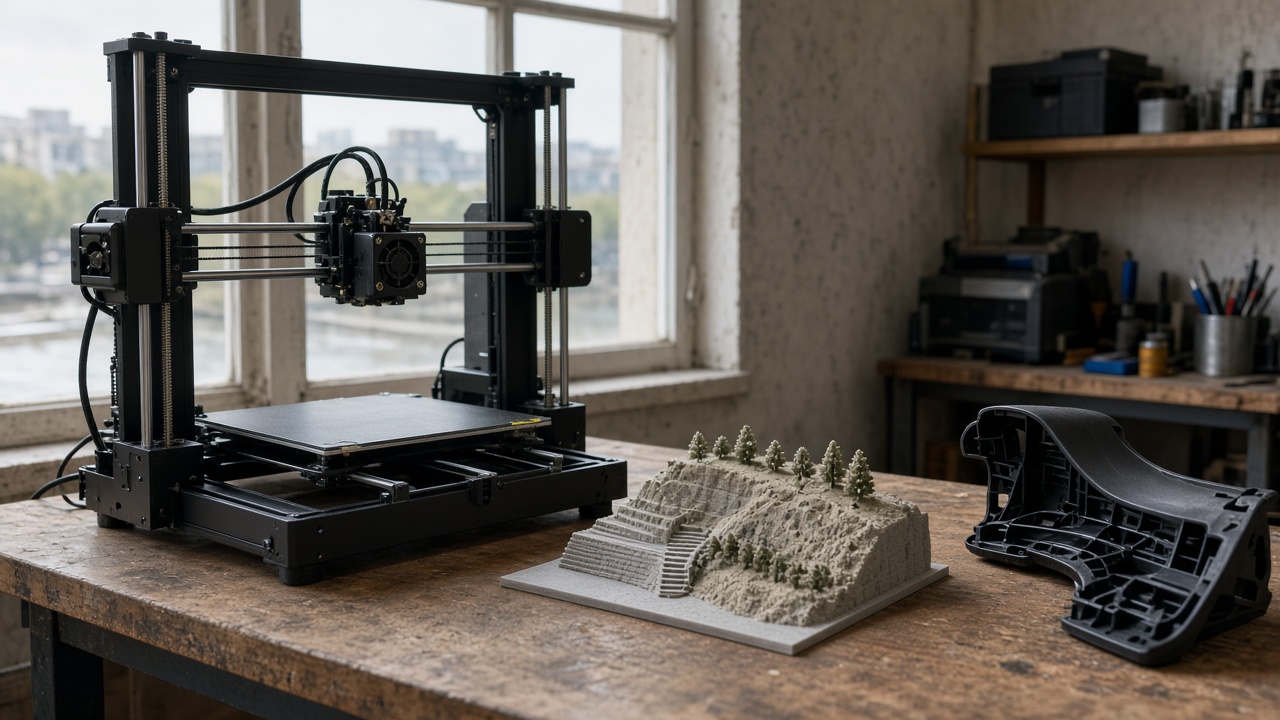 Desktop 3D printer in a Samara workshop beside an embankment model and a dashboard clip