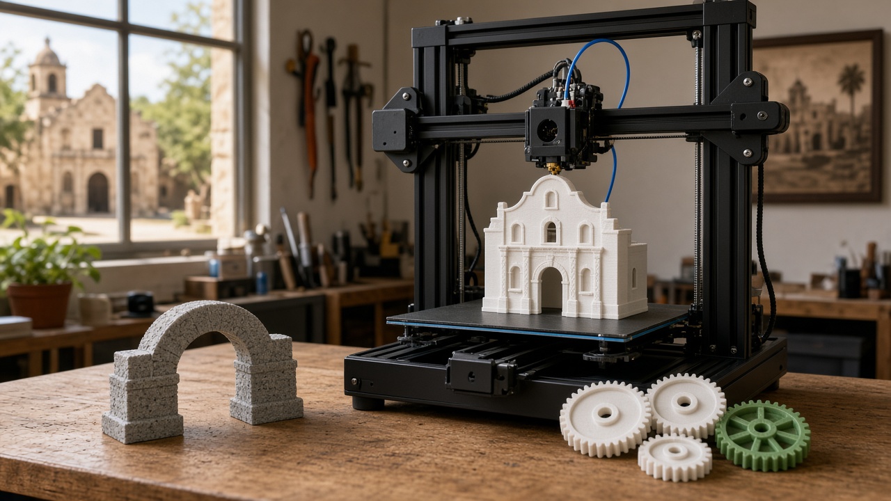 Desktop 3D printer in a San Antonio workshop beside a mission-church model and a stone arch