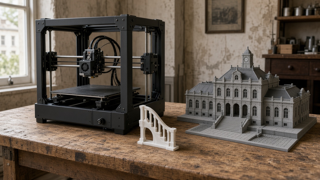 Imprimante 3D de bureau dans un atelier de Schaerbeek, à côté d'un support de rampe et d'une maquette de gare